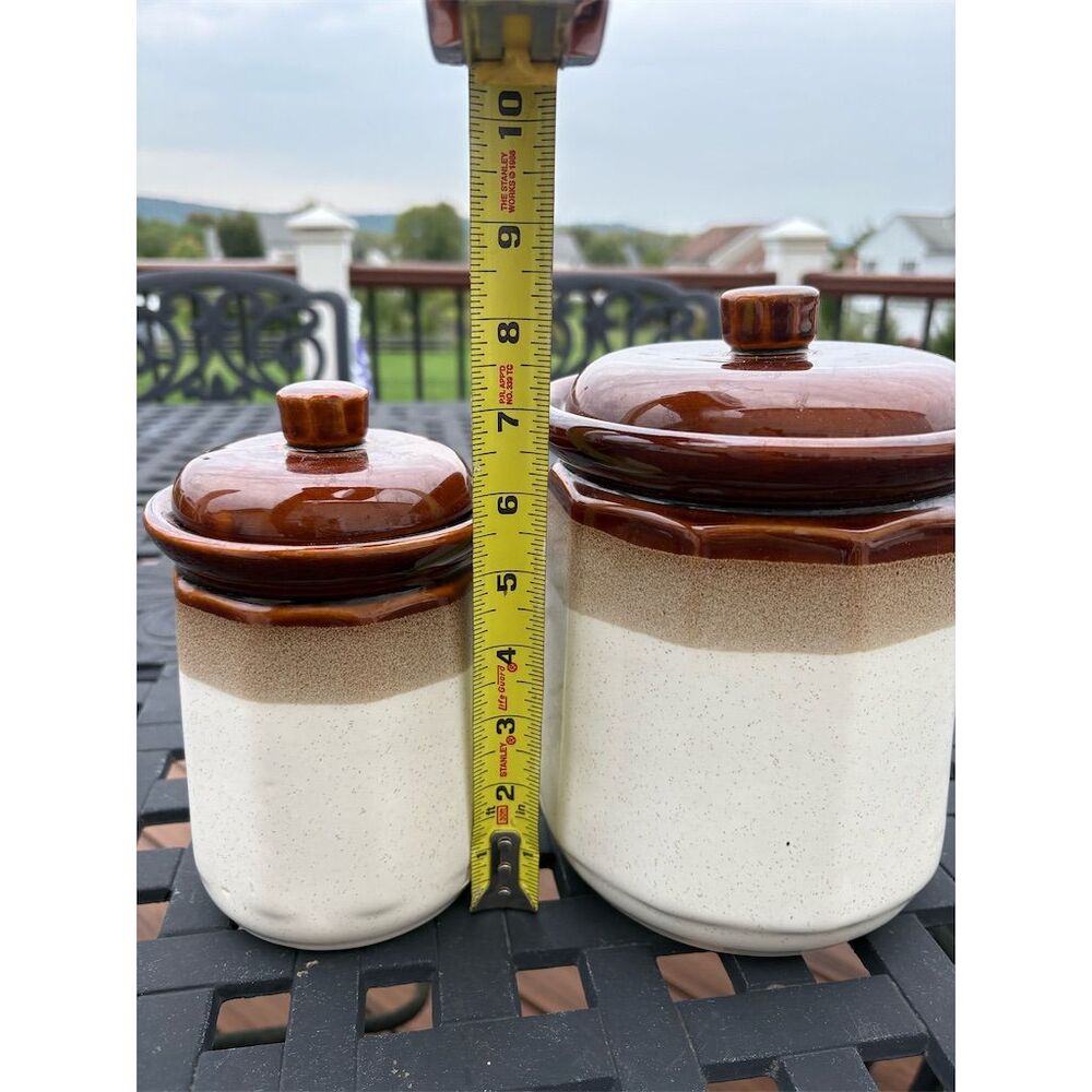 Vintage Brown Glaze Stoneware Crock Canister Set of 2 With Lids - Picture 2 of 8
